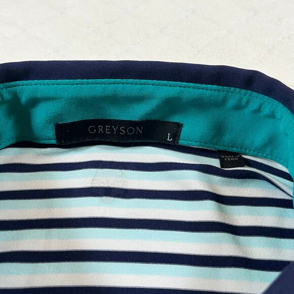 Greyson Polo Shirt Men's Size Large Striped Short Sleeve Blue aqua white - Picture 4 of 8